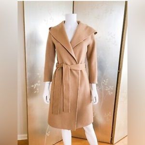 THEORY WILROSE DIVIDE CAMEL WOOL CASHMERE HOODED BELTED COAT